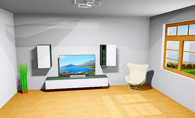 Exklusive Wohnwand / Anbauwand / TV Board / Alpinweiß / Mineralgrün ultramatt -  Grifflos - sofort verfügbar !!!