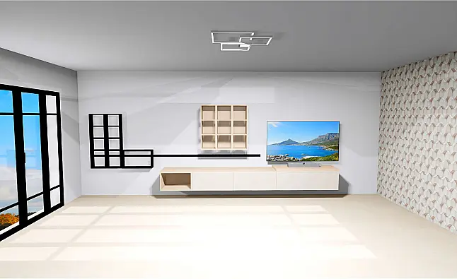 Exklusive Wohnwand / Anbauwand / TV Board / Sand ultramatt &amp; Eiche Montreal Nachbildung