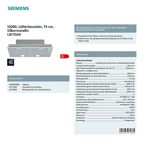 iQ300 Lüfterbaustein 75 cm Silbermetallic LB75564