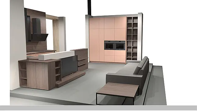 Einzigartige Messeküche / Küchen-Wohnzimmer-Kombination - Lackfront - XL-Schränke - Glas-Hängeschränke- viel LED-Beleuchtung