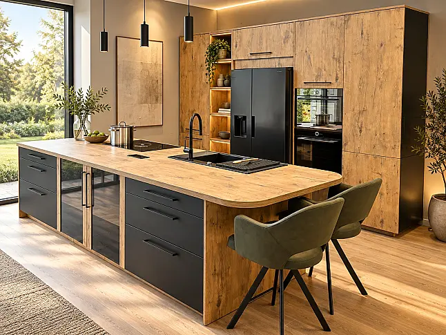 Designküche mit Insel – Neu&amp;OVP - Hochwertig geplant - Zeitlos mit warmen und dunklen Farben abgesetzt Inselküche Hochschrankzeile