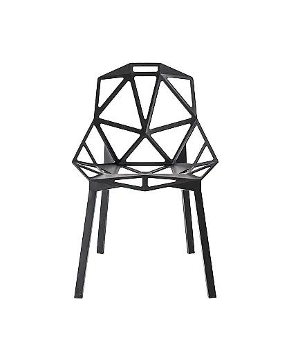 Stapelbarer Stuhl. Material: Beine aus eloxiertem Profilaluminium schwarz oder aus lackiertem Profilaluminium. Sitz aus Aluminium-Druckguss Oberflachenbehandlung mit fluoriertem Titan und Polyesterlackierung. Auch für den Aussenbereich geeignet. Feuerbest