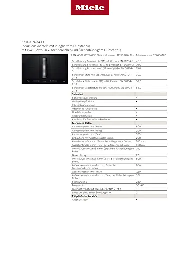 Miele KMDA 7634 FL Induktionskochfeld mit integriertem Wrasenabzug mit zwei PowerFlex-Kochbereichen und flächenbündigem Dunstabzug
