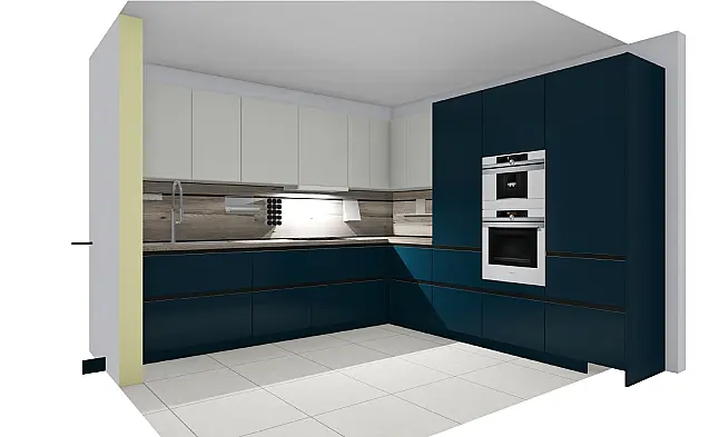 CONTUR Design-Musterküche in Intensivblau &amp; Kristallgrau | Siemens iQ700 Kaffeevollautomat, Franke Box Center &amp; LED-Design