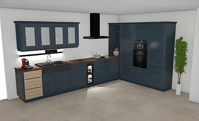 Hochwertige Landhaus-Ausstellungsküche Nobilia Cascada in Fjordblau mit Siemens iQ700, Villeroy &amp; Boch &amp; Weinklimaschrank