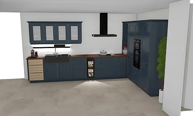 Hochwertige Landhaus-Ausstellungsküche Nobilia Cascada in Fjordblau mit Siemens iQ700, Villeroy &amp; Boch &amp; Weinklimaschrank