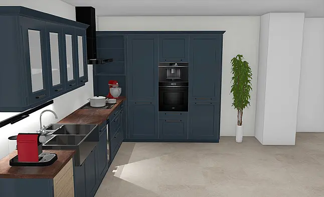 Hochwertige Landhaus-Ausstellungsküche Nobilia Cascada in Fjordblau mit Siemens iQ700, Villeroy &amp; Boch &amp; Weinklimaschrank
