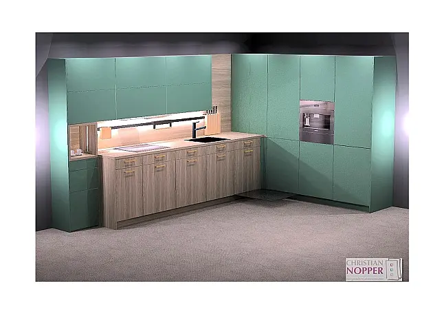 Grüne L- Küche in Kombination mit Holznachbildung