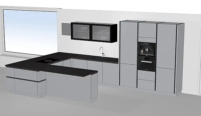 Moderne Musterküche mit glänzender Echtlack-Oberfläche und Granit-Arbeitsplatte