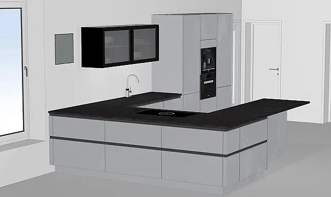 Moderne Musterküche mit glänzender Echtlack-Oberfläche und Granit-Arbeitsplatte