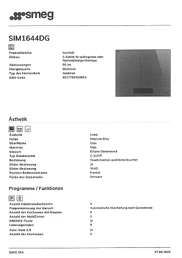 Induktionskochfeld SMEG SIM1644DG Glas Neptune Grey Neu OVP