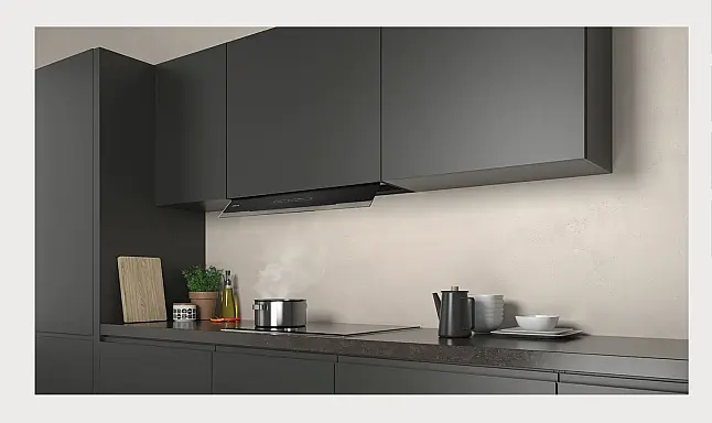 N 70 Integrierte Designhaube 90 cm Klarglas schwarz bedruckt, Schwarz
