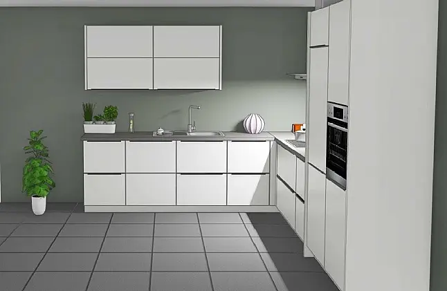 moderne Mattglasfront in Weiss kombiniert mit lichtgrau ohne Elektrogeräte, Arbeitsplatten und Zubehör, nur Möbel