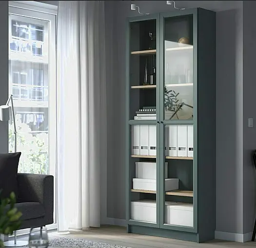 Bücherregal mit Glastüren türkis/Eichenfurnier