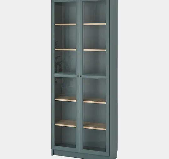 Bücherregal mit Glastüren türkis/Eichenfurnier