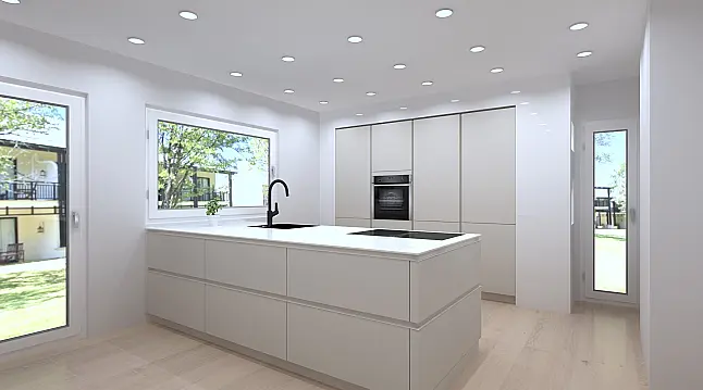 Eine elegante neue Küche mit einer Insel und Markengeräten von Miele