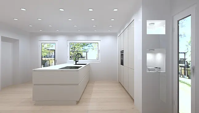 Eine elegante neue Küche mit einer Insel und Markengeräten von Miele