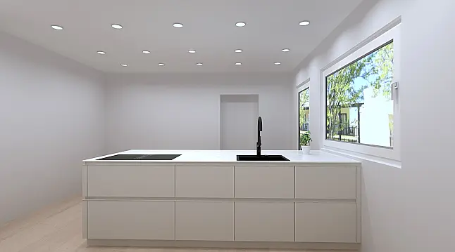 Eine elegante neue Küche mit einer Insel und Markengeräten von Miele