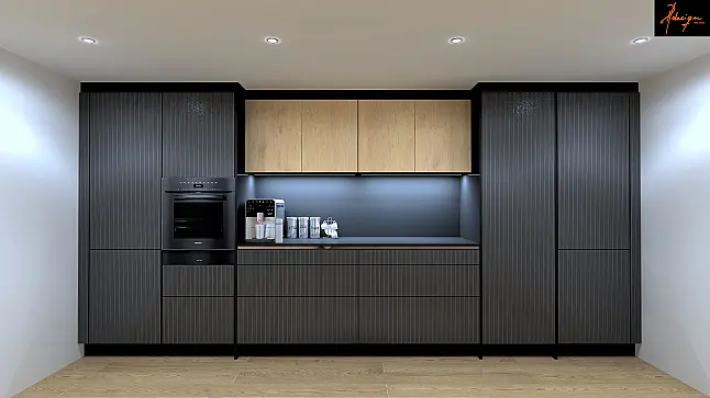 Edle Design Küche in Echtholz mit schmaler Rillen-Fräsung