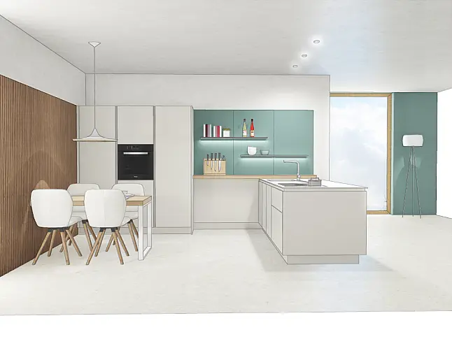 in Mattlack kaschmir, Arbeitsplatte Kompaktmaterial 1cm, Geräte Bora und Miele