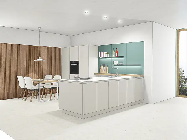 in Mattlack kaschmir, Arbeitsplatte Kompaktmaterial 1cm, Geräte Bora und Miele
