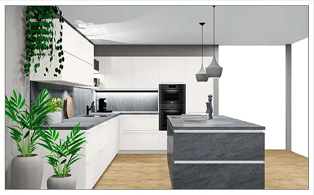 Designküche mit Insel und X-Korpus – inkl. Muldenlüfter, Edelstahlbecken &amp; exklusiver Ausstattung
