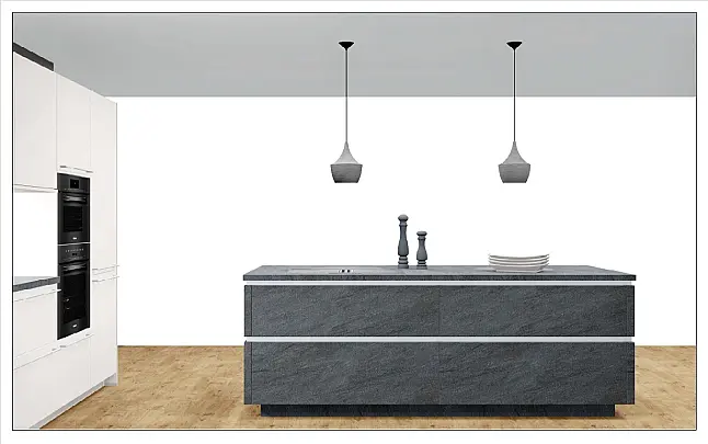 Designküche mit Insel und X-Korpus – inkl. Muldenlüfter, Edelstahlbecken &amp; exklusiver Ausstattung