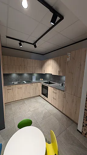 Moderne L-Küche in Holzoptik und Neff Geräten
