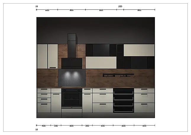 Moderne Einbau-Küche, zwei-farbig mit Holz abgesetzt. / Gesamthöhe 1997 mm