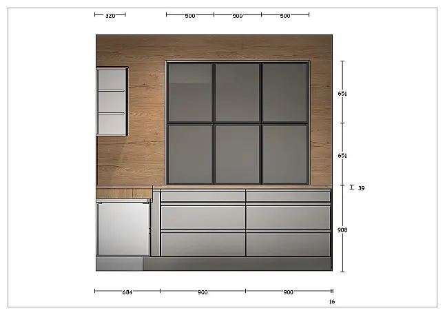Moderne Einbauküche im Grauton mit Holz abgesetzt