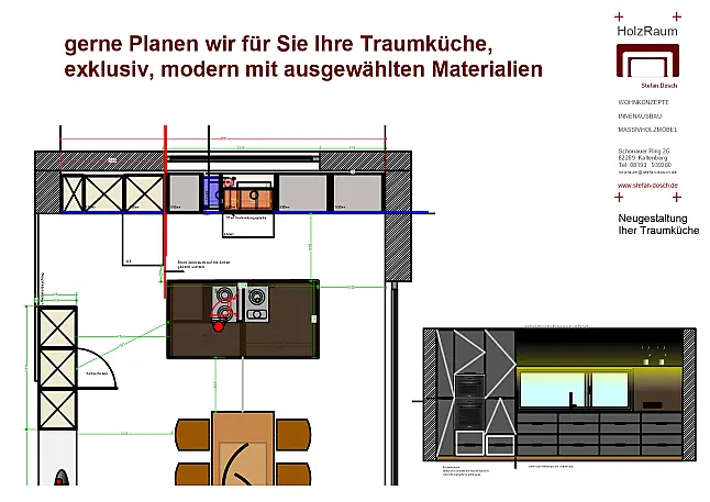 Küchenzeile mit Hochschränke und freistehendem Küchenblock Traumküche vom Schreiner individuell für Sie geplant