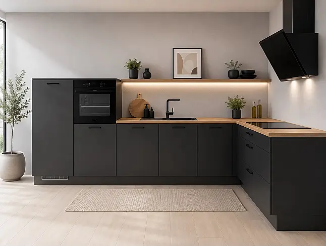 Elegante L- Küche in supermatt schwarz