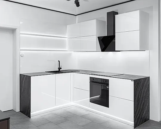Moderne L-Form Küche mit keramischer Arbeitsplatte - concept130 PERFECT BRILLANT- Kristallweiß