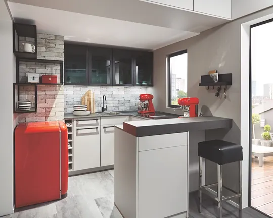 Tiny House Küche und Wohnen - Küche + Wohnwand + Deckenschränke + Sitzplatz - Modell Laser Seidengrau