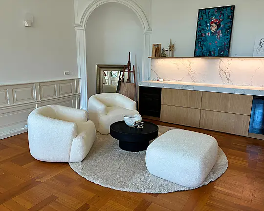 Design-Champagner-Bar | Ballerina Echtholzfurnier & Lichtkonzept I Dekton marmoriert - Luxus Zeile Sideboard Wohnbereich Getränketheke Bar I Holz trifft auf Keramik 10 cm