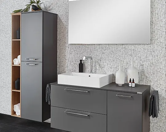 Exklusives Badezimmer - Waschtisch und Midi-Schrank mit Regal - Spiegel mit LED-Beleuchtung - Messestück - Touch Schiefergrau matt