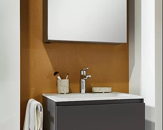 Exklusiver Waschtisch für kleines Bad oder Gäste-WC mit Alibert-Spiegelschrank inkl. LED-Beleuchtung - Flash Schiefergrau Hochglanz