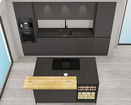 TOP-Geräteausstattung: MIELE Backofen mit Dampfgarer, Einbau-Kaffeeautomat & XXL-Geschirrspüler! Kühlzentrum mit Multi-Switch: unten Kühlen oder Gefrieren möglich! berbel Muldenlüfter mit Induktionskochfeld und Permalytfilter! 2-Zonen-Weinklimaschrank! - BLACK & BEAUTIFUL – SMARTGLAS in LAVASCHWARZ MATT & afrikanischer NATURSTEIN NERO ASSOLUTO | Keramikspüle in SCHIEFER & flexible MATT SCHWARZE Armatur | Eichetheke & Inselsteckdosen | Ugprade auf Wassersystem-Komplettset von Blanco möglich!