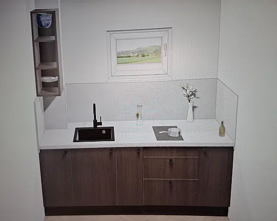 Mini-Küche konfigurierbar mit Spüle, Armatur u.  2-Cerankochfeld - Varese Eiche Siena Nbldg., APL K020 Schiefer Sand