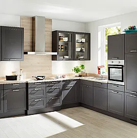 L-Küche mit vorgezogener Kochlösung    345x305 cm Lacklaminat Steingrau