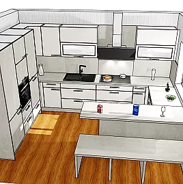 moderne Küche komplett mit Geräten und Sitzgelegenheit