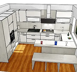 moderne Küche komplett mit Geräten und Sitzgelegenheit