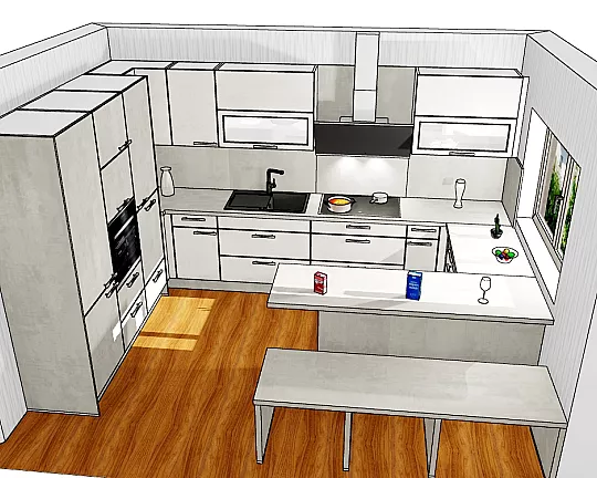 moderne Küche komplett mit Geräten und Sitzgelegenheit - Celine weiss / grau