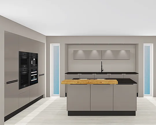 TOP-GERÄTE: Klimagaren-Backofen m. Kerntemperatursensor & Pyrolyse | Dampfgarer & Mikrowelle | Kaffeeautomat | Top-Muldenlüfter | 2-Zonen-Weinkühler | Frischkühlschubladen & NoFrost-Gefrierer | leiser XXL-Geschirrspüler | Quooker möglich! - SEHR ELEGANTE LUXUSKÜCHE: Fronten in teurem HighTech-Smartglas "Taupe Metallic Matt", edler afrikanischer Naturstein, liebevolle Details wie Theke & Besteckeinsätze in Eiche, Inselsteckdosen, dunkle Keramikspüle, 20 Auszüge inkl. Tablar für Küchengeräte!