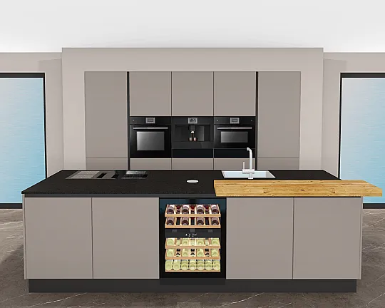 Pyrolyse-Backofen & Kombidampfgarer, beide m. Kerntempsensor | Einbau-Kaffeeautomat | Wärmeschublade | Frischkühl-Schubladen & NoFrost-Gefrierer | Top-Muldenlüfter | XXL-Spüler | 2-Zonen-Weinkühler! ...  (Begrenztes Kontingent. 2 Upgradepakete verfügbar.) - KNÜLLER FÜR HÄUSLEBAUER: Messeneuheit Matera Colour Kaschmirbraun AFP - als Aktionsangebot edel kombiniert mit afrikanischem Naturstein, Theke in Eiche, luxuriöser Geräteausstattung und liebevollen Planungsdetails wie einem speziellen Küchengeräte-Tablar!