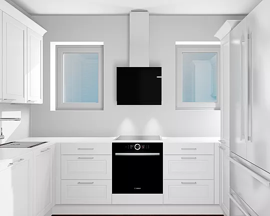 Küche komplett neu - Mara Front - Weiß seidenmatt - Bügelgriff edelstahlfb.