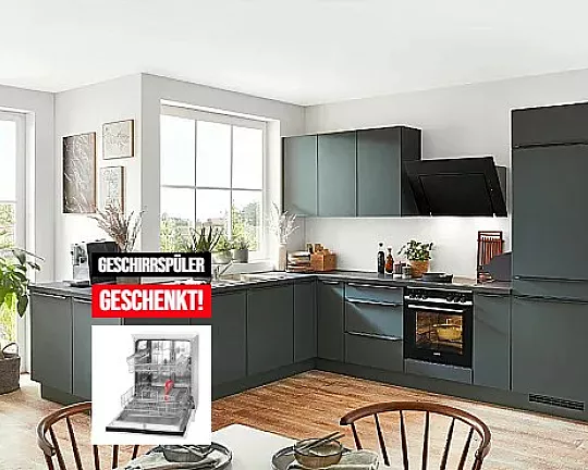 Attraktive G-Küche mit moderner Front Mineralgrün - Bergamo inkl. Lieferung & Montage