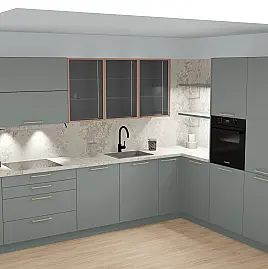 Moderne Winkelküche Eukalyptus mit Bronze-Details & Designbeleuchtung