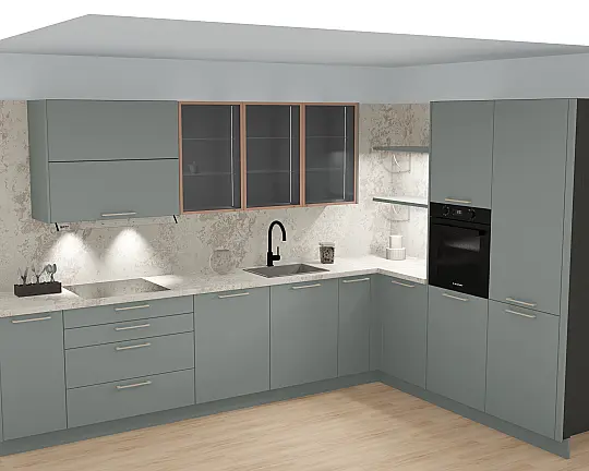 Moderne Winkelküche Eukalyptus mit Bronze-Details & Designbeleuchtung - N121 SCALA Eukalyptus