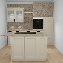 Inselküche in Crema-magnolie mit beleuchteten Glas-Oberschränken
